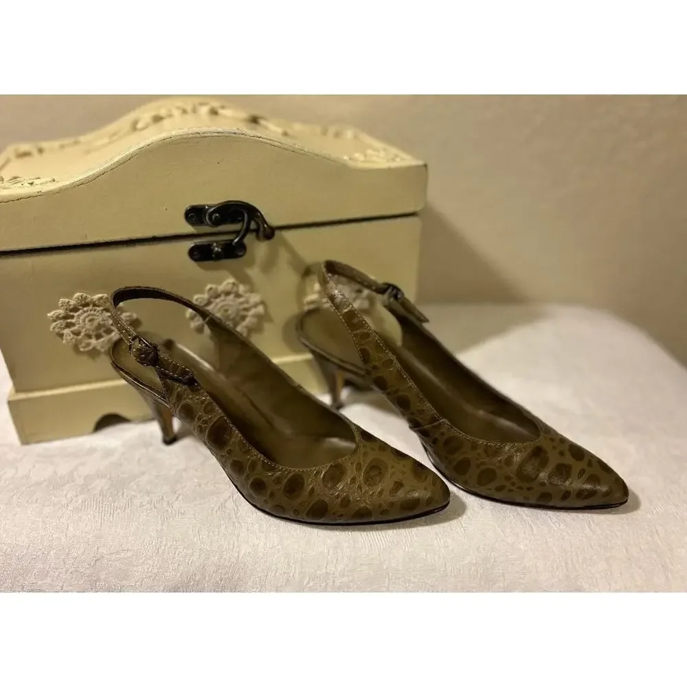 Vtg Taupe Leather Faux Croc design Sling Back Heels, Lana, Made in Brazil, SZ 7